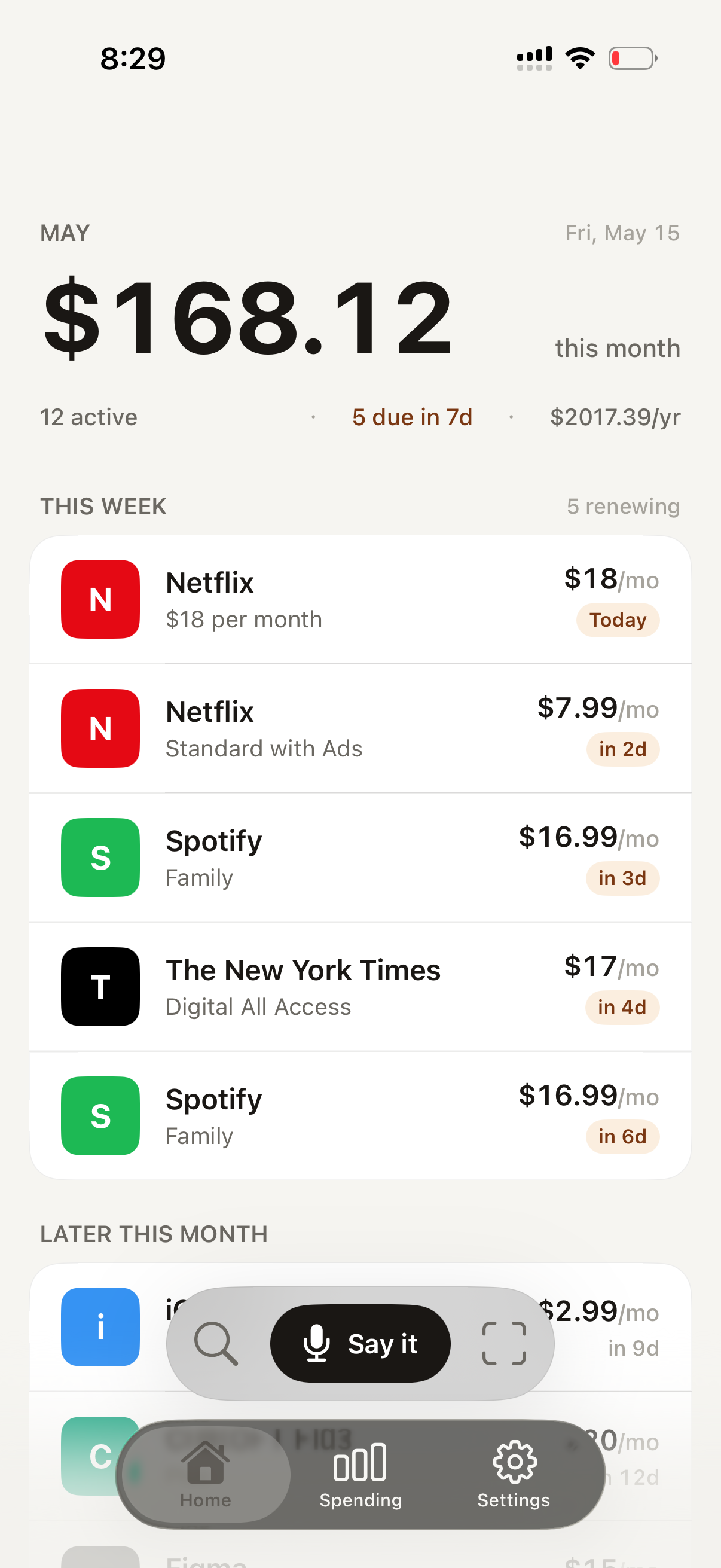 SayDue iPhone app screenshot showing this month's subscriptions and upcoming renewals